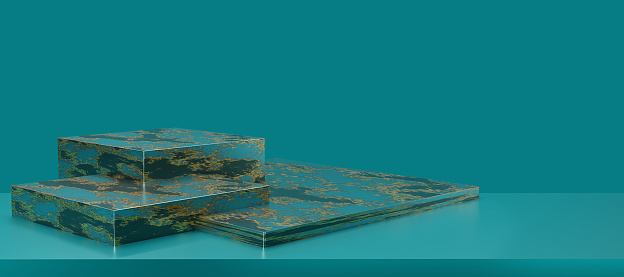 Turquoise  podium and gold texture with gradient light background with studio  backdrops.Blue green blank display  for showing product. Minimalist mockup for podium display or showcase. 3D rendering.