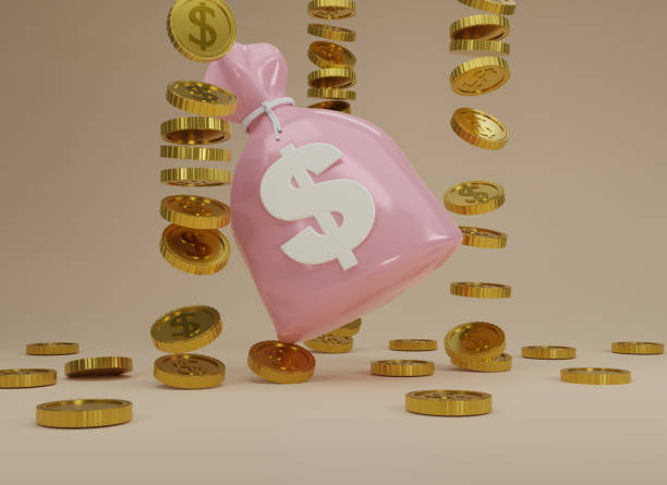 ベージュの背景に3dレンダリングのピンクのマネーバッグとスタックの金貨が落ちている。キャッシュレス社会のコンセプト。成長、収入、貯蓄、投資、富。お金袋の3dレンダリング。 - bag money bag dollar sign dollar ストックフォトと画像