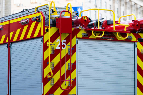 istock Red fire truck. Fire-technical transport. Fire trucks are preparing to put out the fire. 1492901057