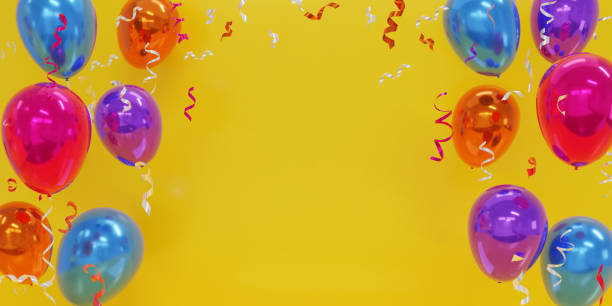 istock Colorful Balloons are floating for Party and Celebrations With Space for texts or message Isolated in yellow Background. Balloons floating for birthday,party. Minimal idea creative concept.3d rending. 1492901279