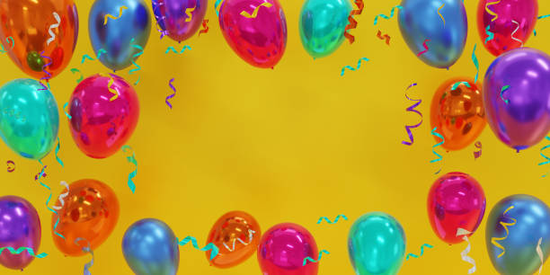 istock Colorful Balloons are floating for Party and Celebrations With Space for texts or message Isolated in yellow Background. Balloons floating for birthday,party. Minimal idea creative concept.3d rending. 1492901282