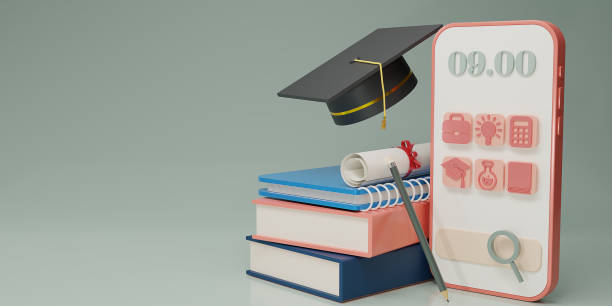 istock 3D Graducate cap and diploma on books with smartphone design. E-learning, Digital Online Education Application for website and mobile website at home. Social distance concept. Copy space. 3d rendering 1492901354
