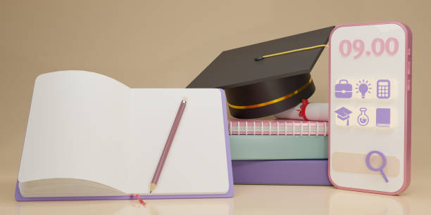 istock 3D Graducate cap and diploma on books with smartphone design. E-learning, Digital Online Education Application for website and mobile website at home. Social distance concept. Copy space. 3d rendering 1492901872