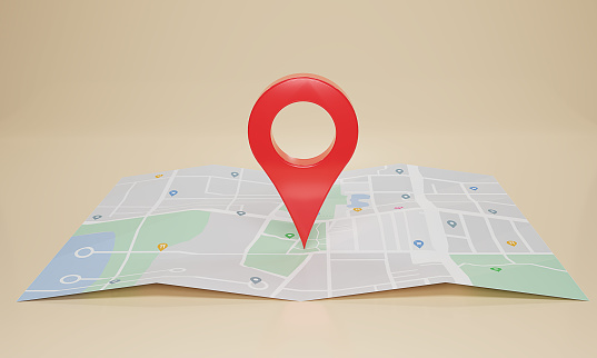 GPS. navigator pin checking  with map on beige background. Location pin, location map, location icon. 3d rendering illustration.