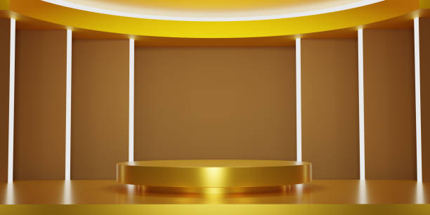 istock Abstract gold and white neon lights with studio  backdrops. LED light. Gold or yellow Blank display or clean room for showing product. Minimalist mockup for podium display or showcase. 3D rendering. 1492902267