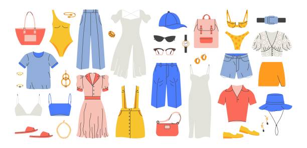 ilustraciones, imágenes clip art, dibujos animados e iconos de stock de ropa de moda de verano. pantalones de vestir de dibujos animados, bolso de falda de camisa, accesorios de traje de baño de ropa de playa de vacaciones. conjunto vectorial - earring multi colored shoe jewelry