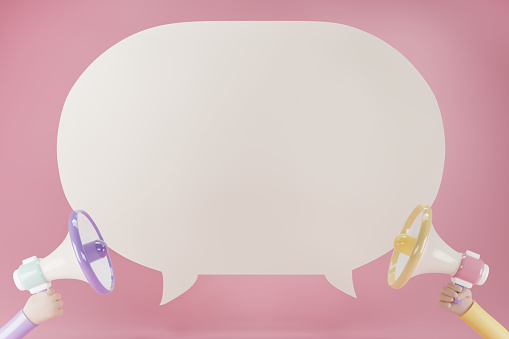 Two megaphones loudspeaker  with chat bubble isolate on solf pink background. Magaphone with copy space for texts or message. 3d render illustration.