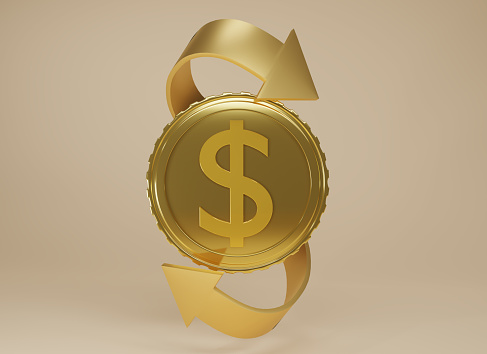 3D render cash back icon with gold coin isolate on beige background. Cashback or Refund money service design. Online payment on beige background. Income, savings, investment, 3d rendering.