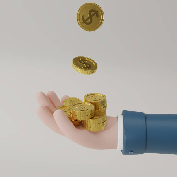 istock 3d render Falling gold coins in hand and  isolate on white background. Growth, income, savings, investment. Symbol of wealth. Business success. 3d rendering illustration. 1492903102