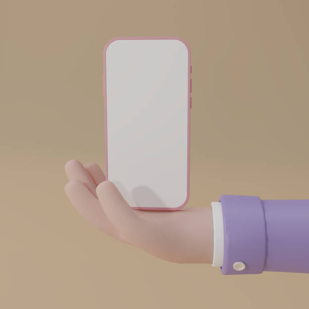 istock 3D render Hand holding pink smartphone  with white screen  in cartoon style isolated on beige background.Copy space on white screen. 3D rendering. 1492903141