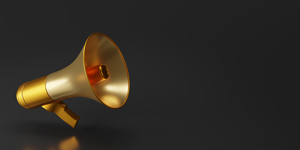 Gold megaphone isolate on black background with copy space for texts. Loudspeaker on dark background. 3D render goden magaphone. 3D rendering.