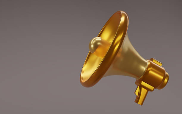 istock Gold megaphone  isolate on dark brown background. Gold Loudspeaker cartoon style. 3D render goden magaphone. 3D rendering. 1492903677