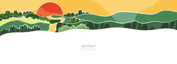 Vector illustration of Green farm, abstract agriculture, garden template, field layout vector textured illustration. Green nature pattern, crop, hill, mountains. Ecological wavy ornament, eco header, sustainable scenic view