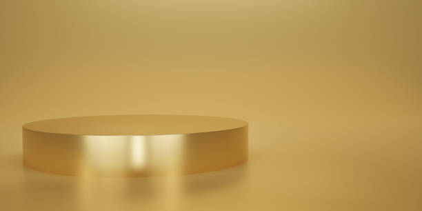 istock Shiny gold round pedestal or podium  with studio  backdrops. Beige or cream Blank display or clean room for showing product. Minimalist mockup for podium display or showcase. 3D rendering. 1492906125