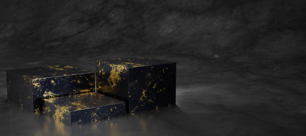 istock 3D render cube podium made of black marble with gold texture in black blackground. 1492906152