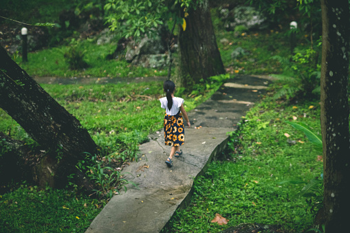 Cute little girl walking on stone path in botanical garden with green plants and colorful flowers around. Children studying nature