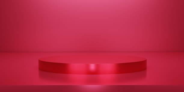 istock Shiny red round pedestal or podium  with studio  backdrops. Blank display or clean room for showing product.Copy space for texts. Minimalist mockup for podium display or showcase. 3D rendering. 1492908272