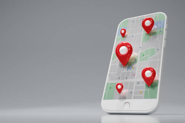 istock Red pin checking  with map on white smartphone, mobile phone. Smart phone. Location pin, location map, location icon. 3d rendering illustration. 1492909606