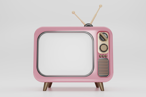 3D render Pink Vintage Television Cartoon style isolate on white background. Minimal Retro TV. Pastel analog TV with copy space.  Old TV set with antenna. 3d rendering illustration.