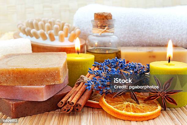 Homemade Soap In Wellness Still Life Stock Photo - Download Image Now - Bathtub, Candle, Domestic Bathroom