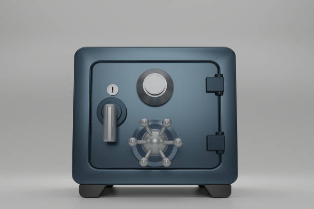istock Dark blue Safe box font view on gray background. closed metallic safe box. Realistic metal safe. Close security blue metal safe. 3d render illustration. 1492911277