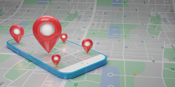 istock Red pin checking  with map on white smartphone, mobile phone on map background. Smart phone. Location pin, location map, location icon. 3d rendering illustration. 1492911321