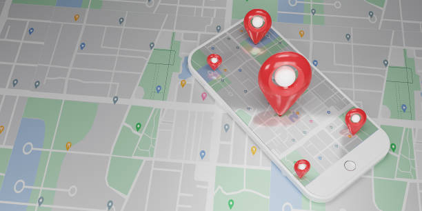 istock Red pin checking  on map in white smartphone with hand. Hand holding mobile phone on map background. Smart phone. Location pin, location map, location icon. 3d rendering illustration. 1492911564