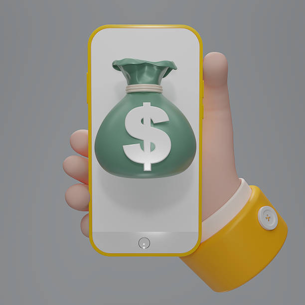 3dレンダリング最小限のドルマネーバッグアイコンを、手に黄色いスマートフォンやスマートフォンに分離します。携帯電話のマネーバッグアイコン。現金アプリ.3dレンダリング - bag money bag dollar sign dollar ストックフォトと画像