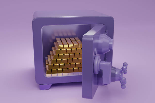 istock 3D render purple safe box with gold bars on light purple background. Opened vault box. Realistic metal safe. Close security metal safe. 3d rendering illustration. 1492912595