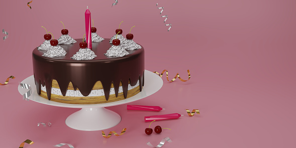 3D render cute birthday chocolate cake and decoration with candle on pink background. Chocolate cake with cherries. Sweet cake for surprise birthday, mother's, Valentine's Day, Copy space.3D rending.
