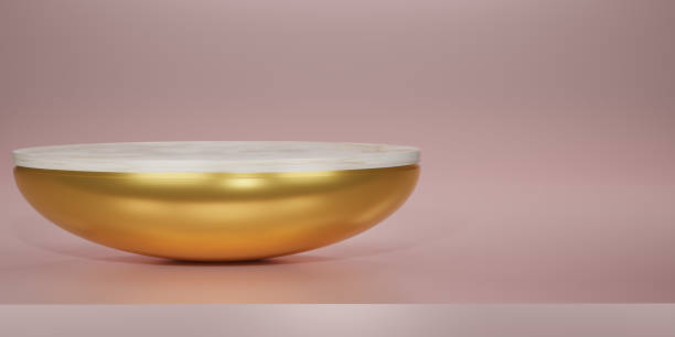istock Shiny gold with white marble round pedestal or podium in studio backdrops. Blank display or for showing product. Copy space. Minimalist mockup for podium display or showcase. Copy space. 3D rendering. 1492912780