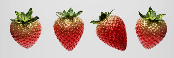 istock 3D render strawberries with leaf isolate on white background. Set of metallic color strawberry on white. Side view berry strawberries. Clipping Path. 3D rendering. 1492912843
