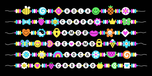 BFF colorful 90s pop art style vintage bracelet set. Be friends forever beaded accessory design with Hello, Crazy, Pretty, I love you, Dear quotes in Spanish. EPS 10 vector retro elements collection.