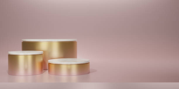 Shiny pink to gold round pedestal or podium with marble on top. Metallic pink to gold Blank display or clean room for showing product. Minimalist mockup for podium display or showcase. 3D rendering. pedestal redondo de color rosa brillante a dorado o podio con mármol en la parte superior. rosa metálico a dorado pantalla en blanco o sala limpia para mostrar el producto. maqueta minimalista para exhibición o escaparate del podio. renderizado 3d.