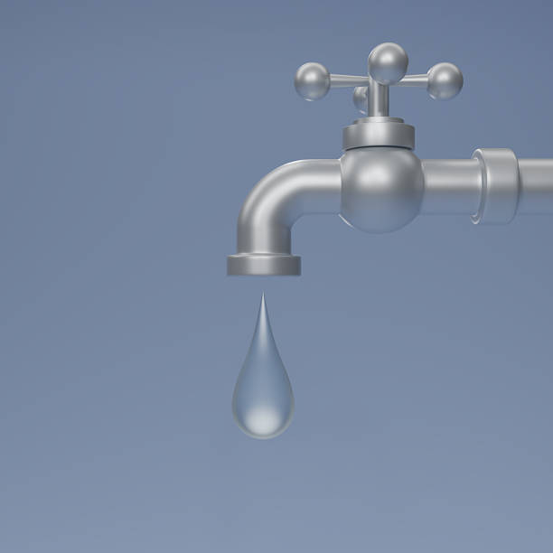 istock 3D render Steel water tap with falling drop. Water tap icon Isolated on blue background. Save water advertising ecology concept. 3d rendering illustration. 1492914155