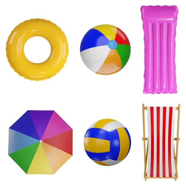 Vector illustration of set of summer 3d elements. isolated beach umbrella, ball, deck chair, pool raft and swimming ring. top view