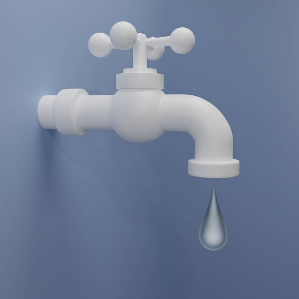 istock 3D render Steel water white tap with falling drop. Water tap icon Isolated on blue background. Save water advertising ecology concept. 3d rendering illustration. 1492914297