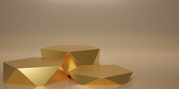 istock 3D render geometric podium. Gold hexagon cube, golden square podium in gold background. Concept scene stage showcase, product, promotion sale, banner, presentation, cosmetic. 3D rendering. 1492914358
