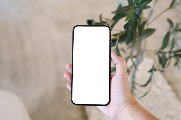 istock Women's hands holding cell telephone blank copy space screen. smartphone with blank white screen isolated. smart phone with technology concept. 1492914537