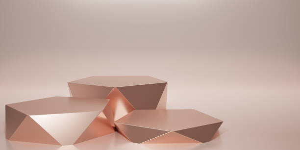 3D render geometric podium. Rose gold hexagon cube, Pink square podium in pink background. Concept scene stage showcase, product, promotion sale, banner, presentation, cosmetic. 3D rendering.