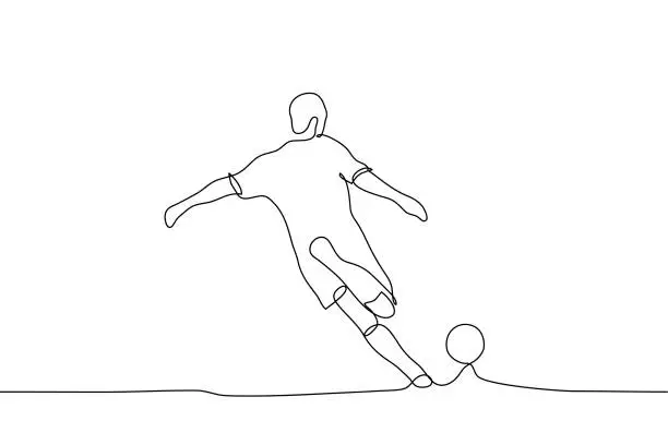 Vector illustration of One continuous drawing of a male soccer player in full growth waved his leg to hit the ball. Black contour soccer illustration. Vector sketch can be used for animation.