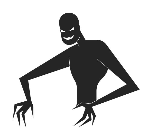 Evil smiling mental illness monster flat line black white vector character Evil smiling mental illness monster flat line black white vector character. Editable isolated outline figure. Scary shadow simple cartoon style spot illustration for web graphic design, animation background of the sad face black and white stock illustrations