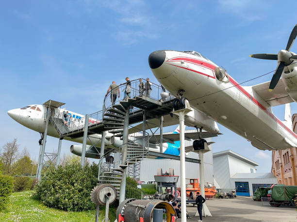 Speyer, Germany - April 2022: Vintage aircraft mounted on stands on display at the Technik Museum