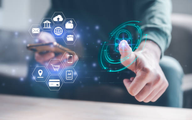 istock Cyber security protection information privacy  technology concept, man use smartphone digital on visual screen show padlock protecting data, password and login. 1492918752