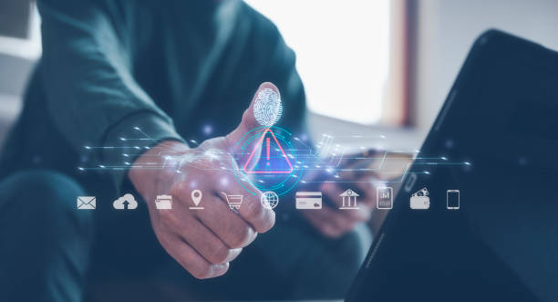istock scam safe Fingerprint scanning and biometric authentication, processing of biometric for access personal data. surveillance and security scanning of digital programs cyber futuristic applications 1492918919