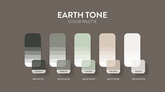 Color palette in Earth Tone colour theme collections. Color inspiration or color chart with codes template. Color combination set of RGB. Colors swatch for graphic design, art, fashion and web design.