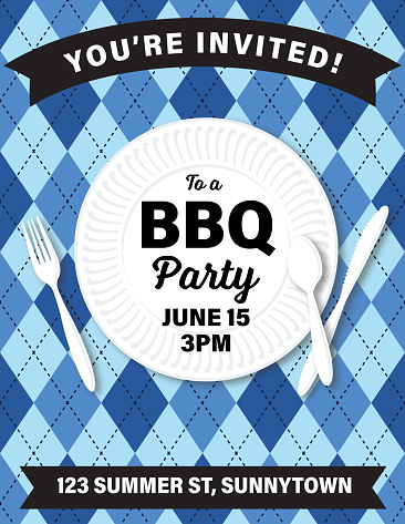 BBQ party Invitation Template on a plaid background. Text is on its own layer for easier removal.