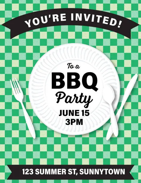 Vector illustration of BBQ party Invitation Template On A Plaid Background