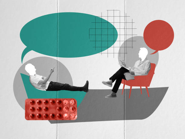 istock Man lying on sofa, visiting psychologist, talking about his problems and fears. Pills prescription, antidepressants. Contemporary art collage. 1492919727