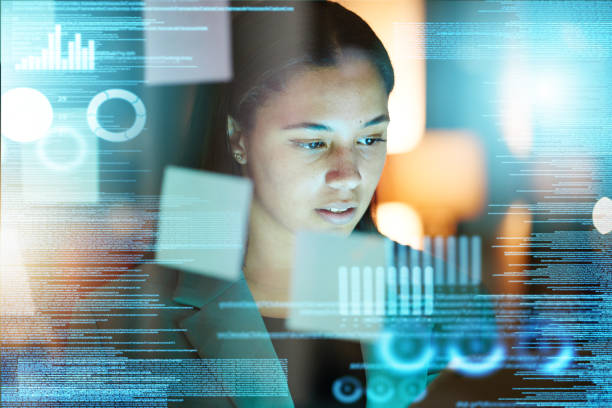 istock Digital, graphic and woman with a tablet for business, software network and online data. Futuristic, cyber and employee reading research analytics on information technology and metaverse web system 1492919981